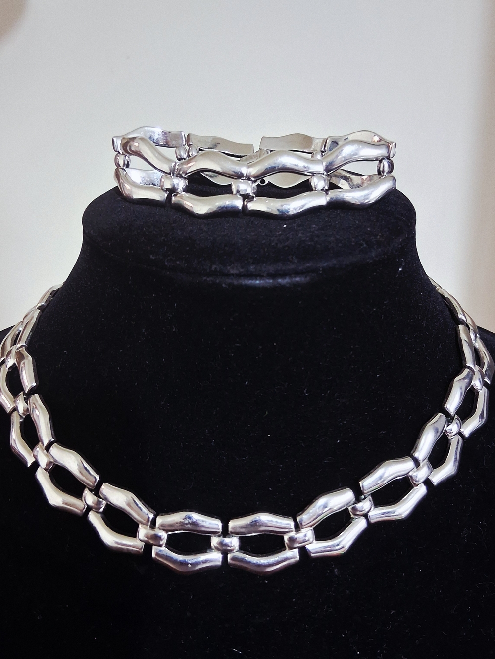 Vintage Monet Silver Linked Choker and Bracelet Set